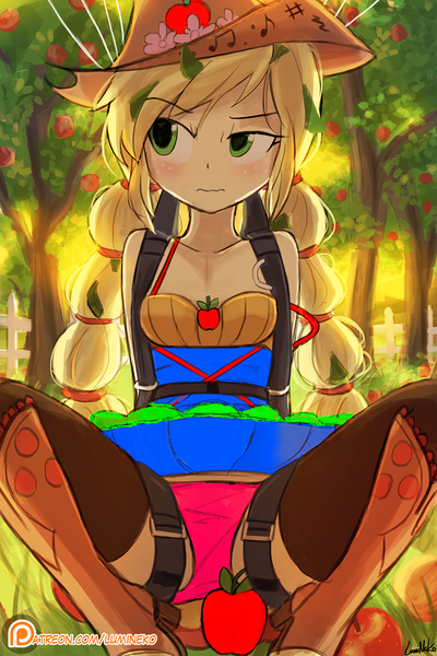 Size: 750x1125 | Tagged: suggestive, artist:lumineko, derpibooru import, edit, applejack, human, apple, apple tree, applejack's hat, blonde hair, blue dress, blushing, bra, clothes, complex background, cowboy hat, dress, embarrassed, embarrassed underwear exposure, female, food, frilly dress, grass, green eyes, hat, image, looking to the left, orange bra, panties, panty shot, png, red panties, red underwear, sideways glance, solo, spread legs, spreading, sweet apple acres, tree, underwear, underwear edit