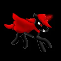 Size: 1280x1280 | Tagged: safe, derpibooru import, oc, oc:comber, unicorn, assassin, black background, black coat, devious smile, glowing red horn, image, jpeg, red and black oc, red cape, red eyes, red magic, red mane, red tail, running, running to the right, short mane, short tail, simple background, story: ponyville's biggest threat, tail, u