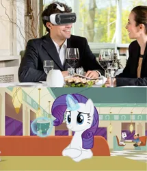 Size: 720x836 | Tagged: safe, derpibooru import, edit, edited screencap, screencap, rarity, human, the saddle row review, alcohol, del griffith, food, image, irl, irl human, meme, mug, neal page, neighl page, photo, png, tea, vr headset, waifu dinner, wine