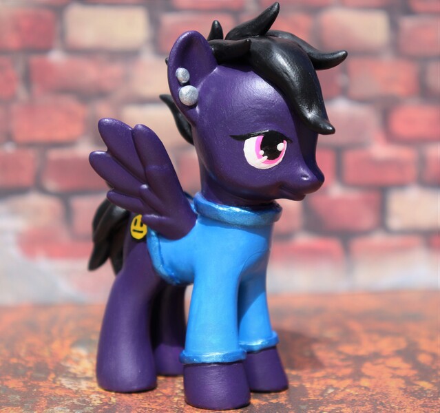 Size: 4051x3806 | Tagged: safe, artist:mistyquest, derpibooru import, oc, pegasus, adoptable, adoption, alt style, alternative, black hair, black mane, black tail, blue clothes, character, clothed ponies, clothes, commission, craft, customized toy, cutie mark, dark, ear piercing, earring, emo, figure, figurine, for sale, gender neutral, goth, gothic, image, irl, jewelry, jpeg, lidded eyes, photo, piercing, pink eyes, punk, purple coat, purple fur, sculpture, shirt, short hair, short mane, short tail, silver, smiley face, solo, straight face, sweater, tail, tired, toy, up for adoption