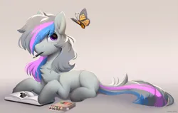 Size: 1922x1226 | Tagged: safe, artist:little-sketches, derpibooru import, oc, oc:moonstone pie, butterfly, earth pony, insect, pony, chest fluff, colored pencils, drawing, earth pony oc, gradient hooves, image, male, offspring, parent:marble pie, parent:pixel codec, png, simple background, solo, stallion