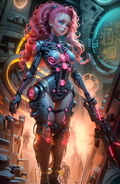 Size: 2048x3153 | Tagged: questionable, derpibooru import, editor:neondash, machine learning assisted, machine learning generated, pinkie pie, human, ai content, cyberpunk, female, future, generator:seaart.ai, humanized, image, laser, mechanic, neon, png, prompter:neondash, solo, weapon