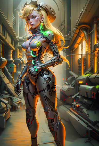 Size: 2048x3010 | Tagged: questionable, derpibooru import, editor:neondash, machine learning assisted, machine learning generated, applejack, human, ai content, cyberpunk, female, future, generator:seaart.ai, humanized, image, mechanic, neon, png, prompter:neondash, solo