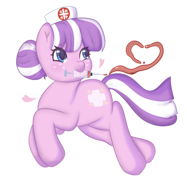 Size: 2048x2048 | Tagged: safe, artist:sinnamonsol, derpibooru import, nurse sweetheart, earth pony, pony, floating, floating heart, heart, image, png, simple background, solo, syringe, transparent background