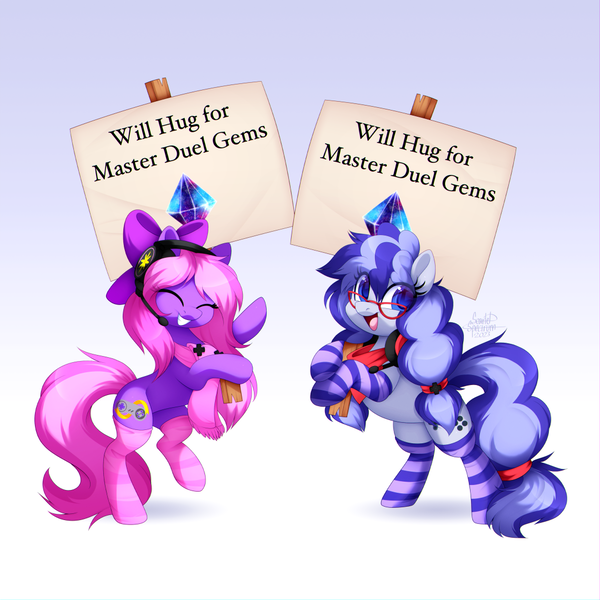 Size: 1080x1080 | Tagged: safe, artist:scarlet-spectrum, derpibooru import, oc, oc:cinnabyte, oc:lillybit, unofficial characters only, earth pony, pony, bandana, big grin, bipedal, clothes, commission, cute, duo, eyes closed, female, gamer, gaming headset, gem, glasses, gradient background, gray background, grin, headset, image, looking at you, mare, ocbetes, open mouth, open smile, png, scrunchie, sign, simple background, smiling, socks, will x for y, yu-gi-oh!, yu-gi-oh! master duel
