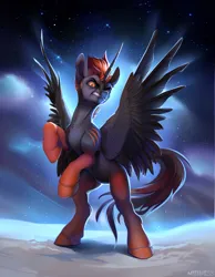 Size: 3085x3975 | Tagged: safe, artist:mithriss, derpibooru import, oc, unofficial characters only, alicorn, pony, background, evil, eyebrows, fangs, frown, gradient hooves, image, male, nebula, png, solo, space, spread wings, stallion, stars, teeth, wings