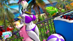 Size: 3840x2160 | Tagged: safe, artist:sallymarshop, derpibooru import, oc, unofficial characters only, anthro, bird, parrot, 3d, beach, big breasts, bikini, bow, breasts, clothes, drink, female, food, hair bow, image, looking at you, multicolored hair, png, popsicle, solo, swimsuit