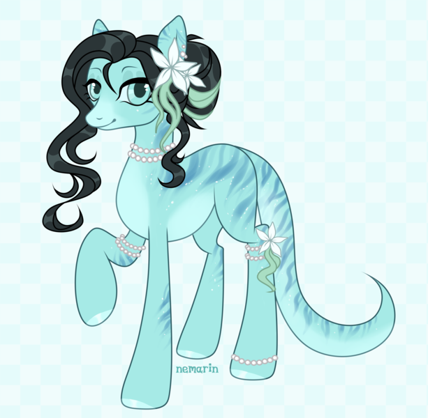Size: 3372x3300 | Tagged: safe, artist:nemarin, derpibooru import, oc, oc:paskalin, unofficial characters only, na'vi, pony, anklet, ear piercing, earring, female, flower, flower in hair, image, james cameron's avatar, jewelry, mare, markings, necklace, piercing, png, raised hoof, solo