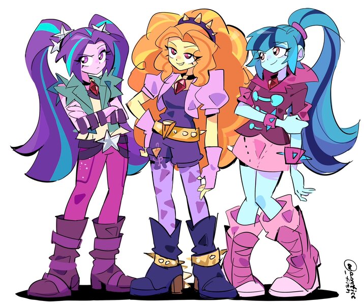 Size: 2048x1716 | Tagged: safe, artist:arrcticc_fish, derpibooru import, adagio dazzle, aria blaze, sonata dusk, human, equestria girls, belt, boots, bracelet, clothes, crossed arms, denim, female, fingerless gloves, gem, gloves, grin, high heels, image, jeans, jpeg, leggings, pants, ponytail, shirt, shoes, shorts, simple background, siren gem, skirt, smiling, socks, spiked wristband, the dazzlings, trio, white background, wristband