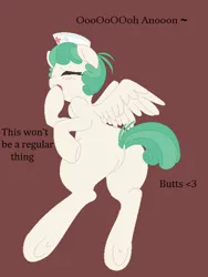 Size: 500x664 | Tagged: suggestive, artist:asknursenimble, derpibooru import, oc, oc:nurse nimble, pegasus, pony, butt, female, image, mare, plot, png, solo, solo female, tumblr:ask nurse nimble