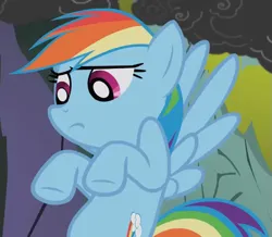 Size: 715x624 | Tagged: safe, derpibooru import, screencap, rainbow dash, pegasus, pony, dragonshy, season 1, cropped, female, flying, image, looking down, mare, mouth on side of face, png, raised hoof, smoke, spread wings, unsure, wings