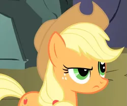 Size: 843x709 | Tagged: safe, derpibooru import, screencap, applejack, earth pony, dragonshy, season 1, applejack's hat, cowboy hat, cropped, eyebrows, freckles, hat, image, mouth on side of face, png, raised eyebrow