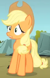 Size: 282x436 | Tagged: safe, derpibooru import, screencap, applejack, earth pony, dragonshy, season 1, applejack's hat, cowboy hat, cropped, freckles, frown, hat, image, png, standing, worried