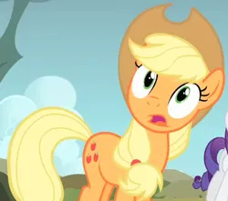 Size: 487x431 | Tagged: safe, derpibooru import, screencap, applejack, earth pony, pony, dragonshy, season 1, applejack's hat, cowboy hat, cropped, female, hat, image, looking up, mare, png, shocked, standing, surprised