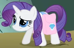 Size: 449x295 | Tagged: safe, derpibooru import, screencap, rarity, pony, unicorn, dragonshy, season 1, bag, cropped, crouching, eyeshadow, female, image, looking up, makeup, mare, mouth on side of face, png, saddle bag, unsure