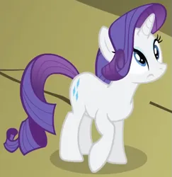 Size: 497x511 | Tagged: safe, derpibooru import, screencap, rarity, pony, unicorn, dragonshy, season 1, cropped, eyeshadow, female, high angle, image, looking up, makeup, mare, mouth on side of face, png, raised hoof, standing