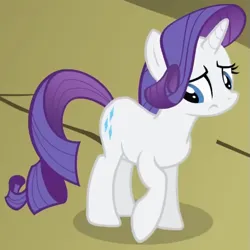 Size: 503x503 | Tagged: safe, derpibooru import, screencap, rarity, pony, unicorn, dragonshy, season 1, ashamed, cropped, female, high angle, image, looking down, mare, mouth on side of face, png, raised hoof, standing