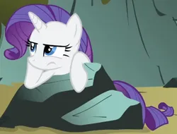 Size: 656x499 | Tagged: safe, derpibooru import, screencap, rarity, pony, unicorn, dragonshy, season 1, annoyed, cropped, female, image, leaning, mare, mouth on side of face, png, rock