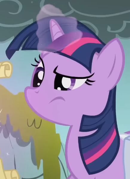 Size: 439x605 | Tagged: safe, derpibooru import, screencap, twilight sparkle, pony, unicorn, dragonshy, season 1, confused, cropped, female, image, looking at something, magic, mare, mouth on side of face, png, smoke, telekinesis, unicorn twilight