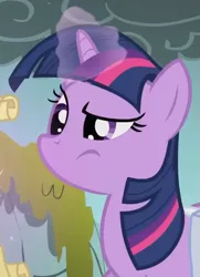 Size: 439x605 | Tagged: safe, derpibooru import, screencap, twilight sparkle, pony, unicorn, dragonshy, season 1, confused, cropped, female, image, looking at something, magic, mare, mouth on side of face, png, smoke, telekinesis, unicorn twilight