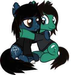 Size: 1237x1309 | Tagged: safe, artist:lightningbolt, derpibooru import, oc, ponified, ponified:oliver sykes, earth pony, pony, undead, zombie, zombie pony, .svg available, bags under eyes, bloodshot eyes, bone, bring me the horizon, brothers, clothes, derpibooru exclusive, duo, duo male, fangs, happy, hoof hold, hug, image, lidded eyes, lip piercing, long sleeves, looking at each other, looking at someone, male, piercing, png, scar, show accurate, siblings, simple background, sitting, smiling, stallion, stitches, tattoo, tom sykes, torn ear, transparent background, vector