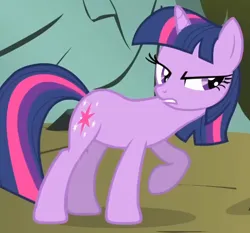 Size: 550x512 | Tagged: safe, derpibooru import, screencap, twilight sparkle, unicorn, dragonshy, season 1, annoyed, cropped, image, leaning, looking at someone, png, raised hoof, unicorn twilight