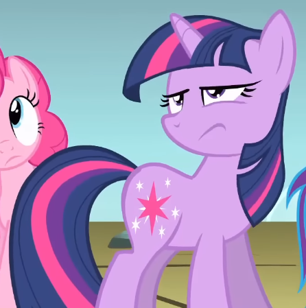 Size: 446x449 | Tagged: safe, derpibooru import, screencap, pinkie pie, twilight sparkle, pony, unicorn, dragonshy, season 1, cropped, eyeroll, female, frown, image, lidded eyes, looking up, mare, mouth on side of face, png, standing, unamused, unicorn twilight