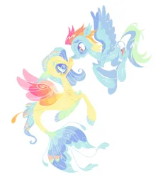 Size: 1592x1785 | Tagged: safe, artist:webkinzworldz, derpibooru import, princess skystar, rainbow dash, pegasus, pony, seapony (g4), my little pony: the movie, crack shipping, dashstar, dorsal fin, duo, female, fin, fin wings, fins, fish tail, flowing mane, flowing tail, flying, image, lesbian, looking at each other, looking at someone, mare, nose to nose, open mouth, png, red wings, shipping, simple background, smiling, sparkles, spread wings, tail, white background, wings