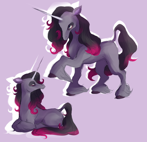 Size: 2875x2775 | Tagged: safe, artist:tuherrus, derpibooru import, oleander (tfh), classical unicorn, unicorn, them's fightin' herds, cloven hooves, community related, horn, image, leonine tail, lying down, png, prone, purple background, simple background, solo, unshorn fetlocks