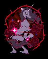 Size: 1174x1455 | Tagged: safe, artist:tuherrus, derpibooru import, oleander (tfh), classical unicorn, unicorn, them's fightin' herds, angry, black background, cloven hooves, community related, horn, image, jpeg, leonine tail, magic, rearing, scowl, simple background, solo, unshorn fetlocks