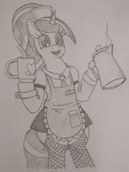 Size: 598x800 | Tagged: safe, artist:jargon scott, derpibooru import, oc, oc:java chip, unofficial characters only, pony, unicorn, apron, barista, bipedal, clothes, coffee mug, coffee pot, female, fishnets, grayscale, hoof hold, image, looking at you, magnetic hooves, maid, mare, monochrome, mug, necktie, open mouth, open smile, pencil drawing, png, skirt, smiling, smiling at you, solo, traditional art