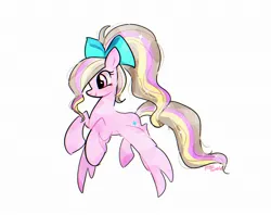 Size: 2048x1620 | Tagged: safe, artist:petaltwinkle, derpibooru import, oc, oc:petal twinkle, unofficial characters only, crystal pony, pegasus, pony, bow, crystallized, female, flying, hair bow, image, jpeg, mare, simple background, smiling, solo, white background, wings, wings down