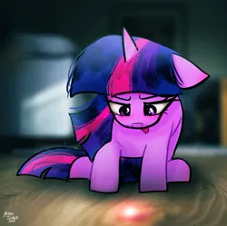 Size: 1024x1021 | Tagged: safe, artist:petaltwinkle, derpibooru import, twilight sparkle, pony, unicorn, behaving like a cat, female, floppy ears, image, jpeg, laser pointer, looking at something, looking down, mare, signature, solo, tongue out, unicorn twilight
