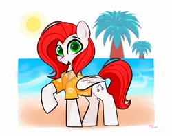 Size: 2048x1620 | Tagged: safe, artist:petaltwinkle, derpibooru import, oc, unofficial characters only, pegasus, pony, beach, clothes, female, hawaiian shirt, image, jpeg, looking at you, mare, open mouth, open smile, raised hoof, shirt, simple background, smiling, smiling at you, solo, sun, white background