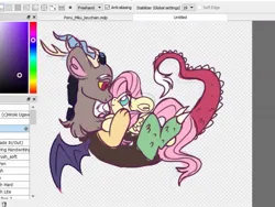 Size: 1177x886 | Tagged: safe, artist:pvnkbats, derpibooru import, discord, fluttershy, draconequus, pegasus, antlers, discoshy, female, hand on face, hoof on chest, horn, image, interspecies, jpeg, keychain, looking at each other, looking at someone, male, shipping, sketch, smiling, smiling at each other, straight, wings, wip