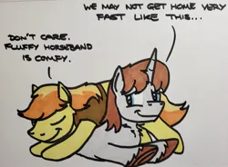 Size: 2047x1504 | Tagged: safe, artist:hoofclid, derpibooru import, braeburn, oc, oc:hoofclid, earth pony, pony, unicorn, canon x oc, dialogue, duo, eyes closed, gay, hatless, image, jpeg, looking back, lying down, male, missing accessory, prone, shipping, smiling, sploot, stallion, traditional art