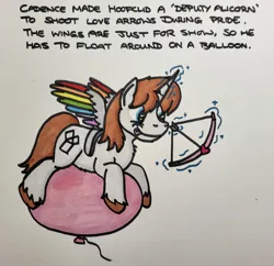 Size: 2048x1979 | Tagged: safe, artist:hoofclid, derpibooru import, oc, oc:hoofclid, unofficial characters only, pony, unicorn, :p, arrow, balloon, bow (weapon), bow and arrow, colored wings, fake wings, gay pride flag, heart arrow, image, implied princess cadance, jpeg, levitation, magic, male, multicolored wings, pride, pride flag, rainbow wings, smiling, solo, stallion, telekinesis, tongue out, traditional art, unshorn fetlocks, weapon, wings