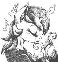 Size: 1922x2052 | Tagged: safe, artist:liz-kotlin, derpibooru import, lyra heartstrings, pony, unicorn, fanfic:background pony, black and white, clothes, crying, dig the swell hoodie, grayscale, hoodie, image, inktober, inktober 2020, lyre, magic, monochrome, musical instrument, png, sad, solo