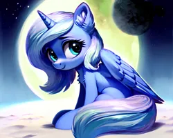 Size: 2560x2048 | Tagged: safe, derpibooru import, editor:felisamafeles, machine learning assisted, machine learning generated, stable diffusion, princess luna, alicorn, pony, ai content, chest fluff, cute, derpibooru exclusive, ear fluff, earth, female, filly, g4, generator:purplesmart.ai, image, looking at you, lunabetes, moon, png, smiling, solo, space, tail, woona, younger