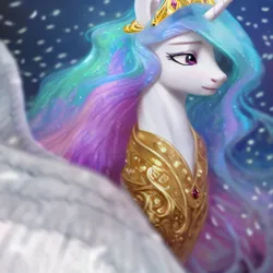 Size: 2048x2048 | Tagged: safe, derpibooru import, editor:wojtek-ツ, machine learning generated, stable diffusion, princess celestia, alicorn, pony, ai content, armor, bust, crown, female, horn, image, jewelry, mare, multicolored mane, peytral, png, portrait, regalia, solo, sparkles, white coat, wings