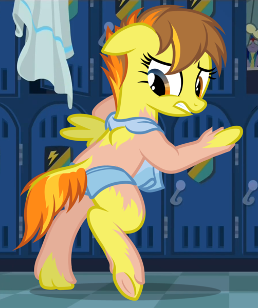 Size: 1080x1290 | Tagged: safe, artist:anonymous, derpibooru import, spitfire, /mlp/, /ptfg/, 4chan, human to pony, image, locker room, lockers, png, show accurate, transformation, wonderbolts academy (place)