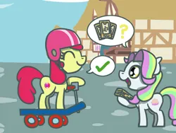 Size: 1800x1350 | Tagged: safe, artist:flutterluv, derpibooru import, part of a set, apple bloom, coconut cream, earth pony, pony, atg 2023, card, check mark, dialogue, duo, helmet, image, jpeg, newbie artist training grounds, ponyville, question mark, scooter, smiling, speech bubble, tarot card