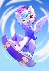 Size: 879x1280 | Tagged: safe, artist:sofiko-ko, derpibooru import, oc, oc:pony hawk, pegasus, pony, bandage, bandaid, bandaid on nose, clothes, image, jpeg, jumping, looking at you, pegasus oc, shirt, skateboard, sky, solo, wings