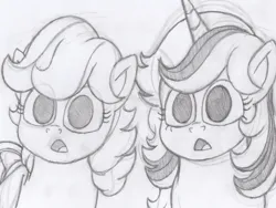 Size: 1920x1440 | Tagged: safe, derpibooru import, rainbow dash, twilight sparkle, 60s, black and white, gasp, grayscale, image, jpeg, monochrome, my little pony, paper, pencil drawing, sketch, traditional art