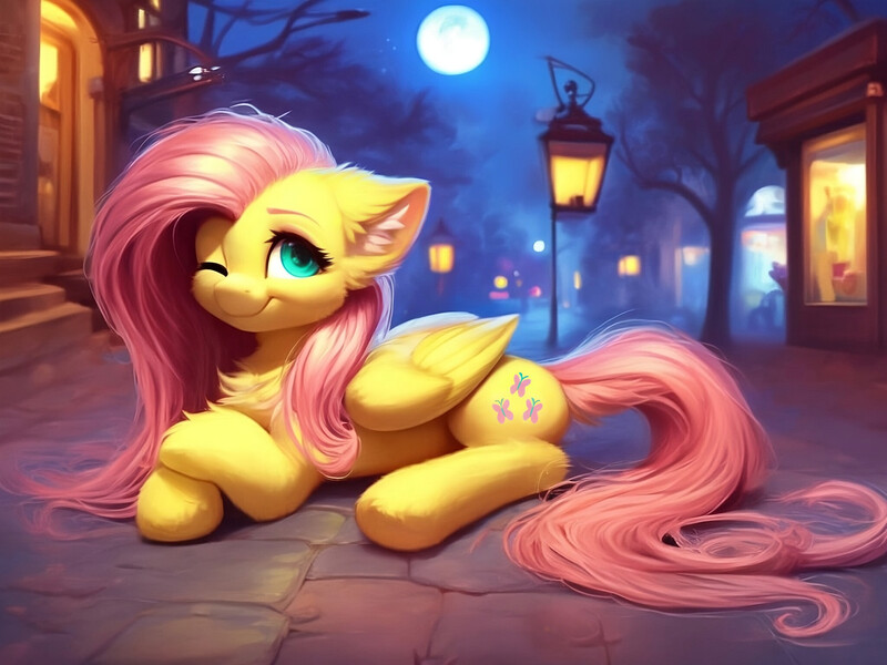 Size: 2048x1536 | Tagged: safe, derpibooru import, editor:nightluna, machine learning generated, stable diffusion, fluttershy, pegasus, pony, ai content, building, chest fluff, ear fluff, female, full moon, generator:purplesmart.ai, image, jpeg, lantern, looking at you, lying down, mare, messy mane, messy tail, moon, night, one eye closed, outdoors, prompter:nightluna, sky, smiling, smiling at you, solo, street, tail, tree