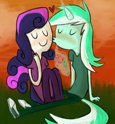 Size: 618x666 | Tagged: safe, artist:ghost, derpibooru import, bon bon, lyra heartstrings, sweetie drops, human, 2011, adventure time, duo, eyes closed, female, flower, heart, horn, horned humanization, humanized, image, kiss on the cheek, kissing, lesbian, lyrabon, magic, png, rose, shipping, smiling, style emulation, telekinesis