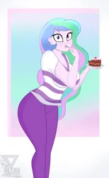 Size: 1560x2527 | Tagged: safe, artist:theretroart88, derpibooru import, princess celestia, human, equestria girls, background, breasts, cake, cleavage, clothes, dessert, female, food, fork, image, looking at you, pants, png, principal celestia, shirt, short sleeves, solo, solo female