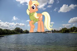 Size: 6625x4417 | Tagged: safe, artist:cheezedoodle96, derpibooru import, edit, editor:jaredking779, mane allgood, pegasus, pony, absurd resolution, clothes, cloud, female, folded wings, giant pony, giantess, grin, highrise ponies, image, irl, jpeg, looking at you, macro, mare, photo, ponies in real life, raised hoof, scenery, shirt, sky, smiling, solo, story included, tree, water, wings