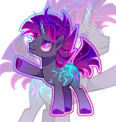 Size: 2129x2236 | Tagged: safe, artist:anno酱w, derpibooru import, oc, unofficial characters only, unicorn, base used, cracked horn, horn, image, lightning, looking forward, looking up, male, parent:tempest shadow, parent:twilight sparkle, png, raised hoof, smiling, solo