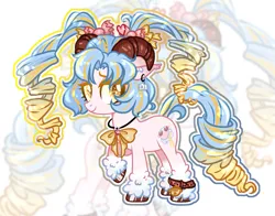 Size: 2852x2239 | Tagged: safe, artist:anno酱w, derpibooru import, oc, unofficial characters only, sheep, sheep pony, base used, bell, belt, bow, candy, commission, curved horn, cutie mark, ear piercing, food, heart, horn, horns, image, jewelry, necklace, piercing, png, raised hoof, smiling, solo